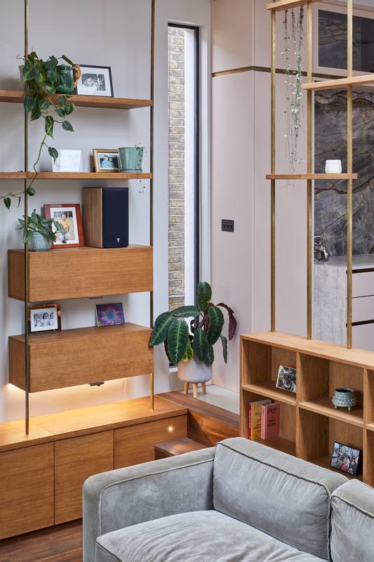 Oak & brass shelving
